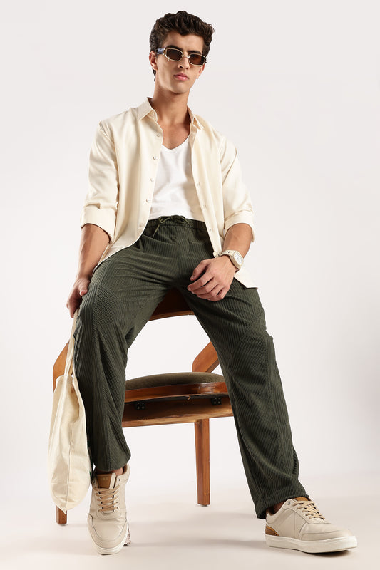 Textured Loose Fit Drawcord Trousers Dk Green