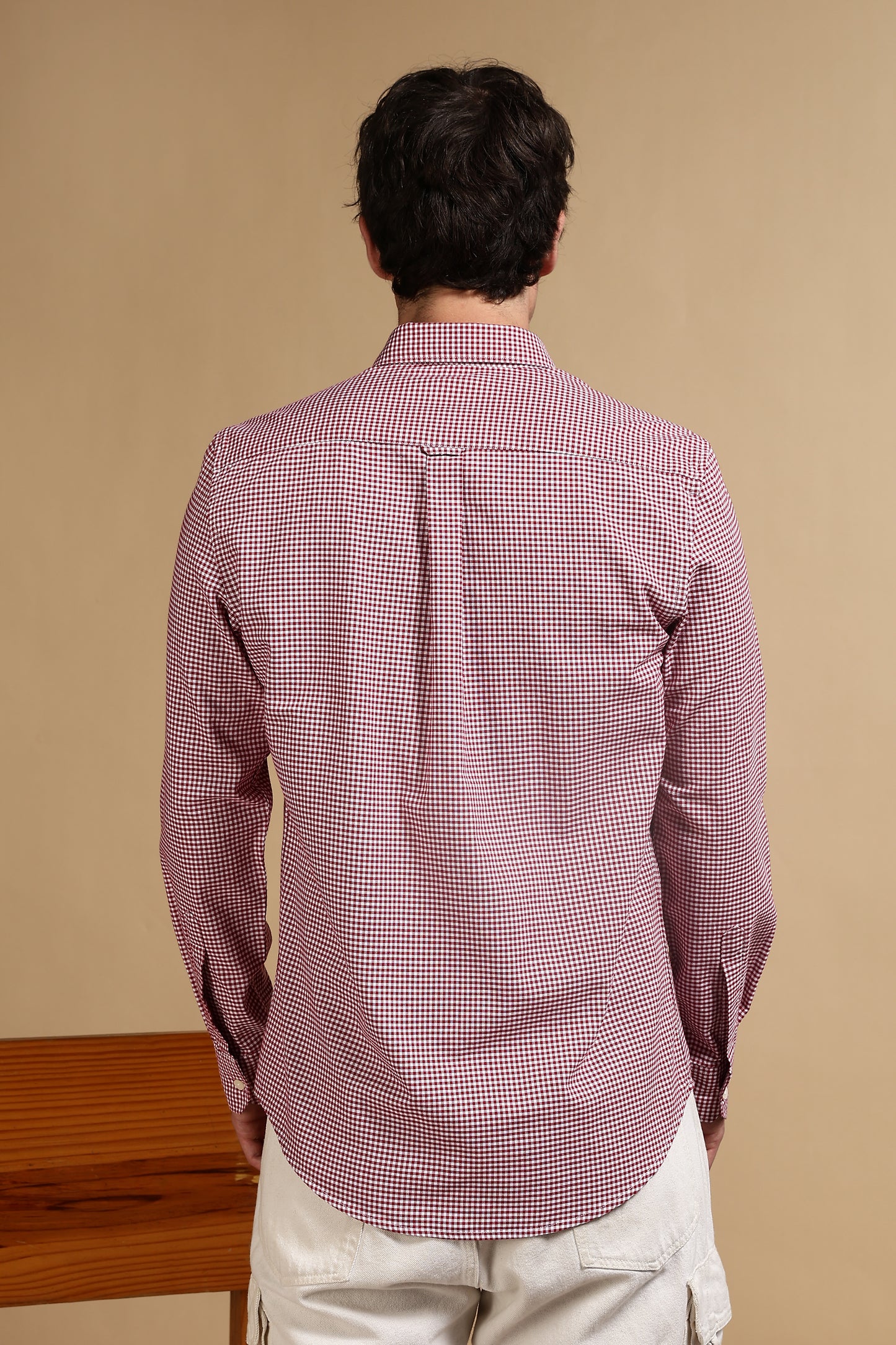 Cotton Oxford Slim Fit Mini Checks Shirt Red