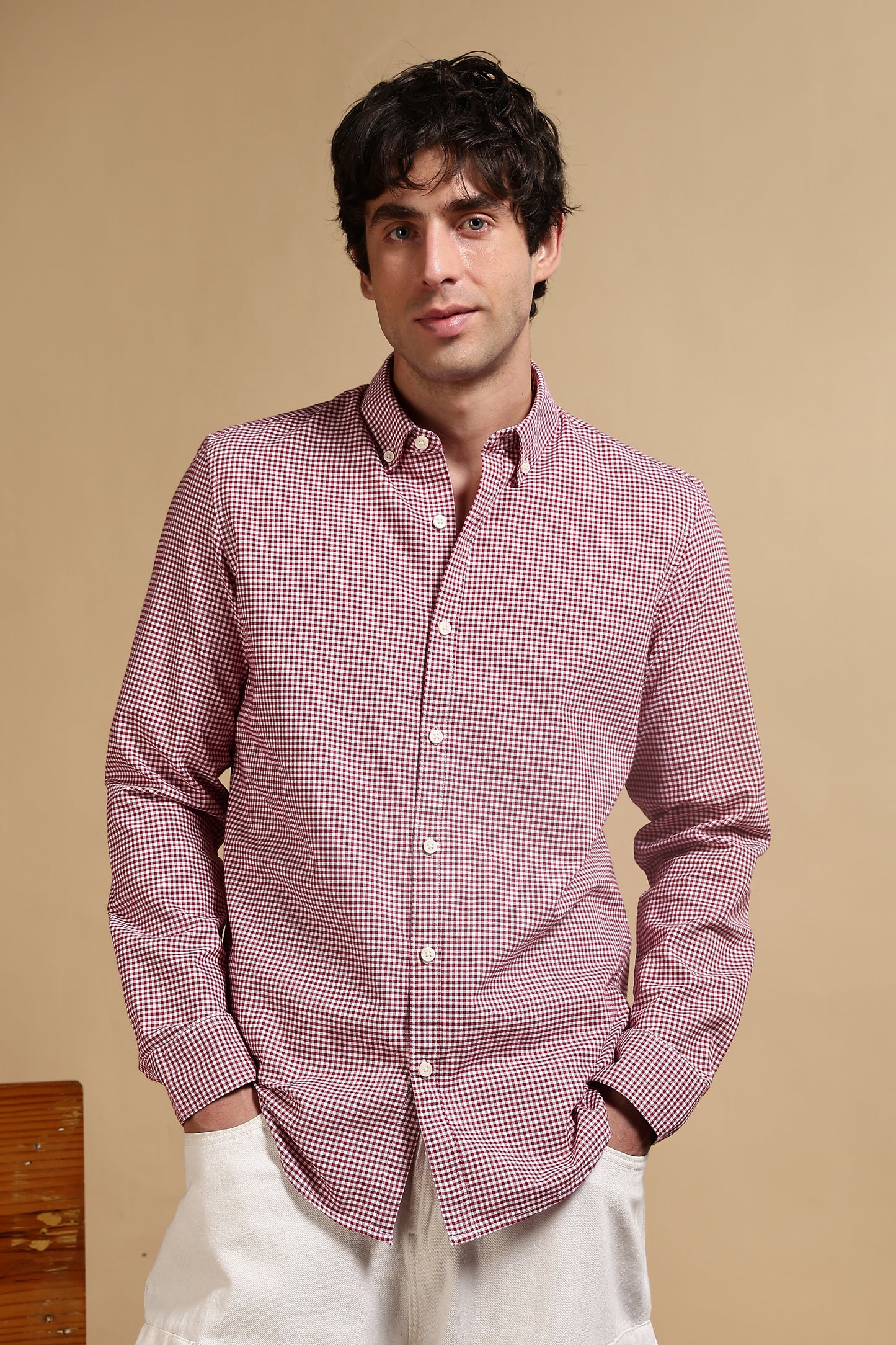 Cotton Oxford Slim Fit Mini Checks Shirt Red