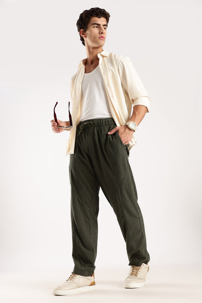 Textured Loose Fit Drawcord Trousers Dk Green