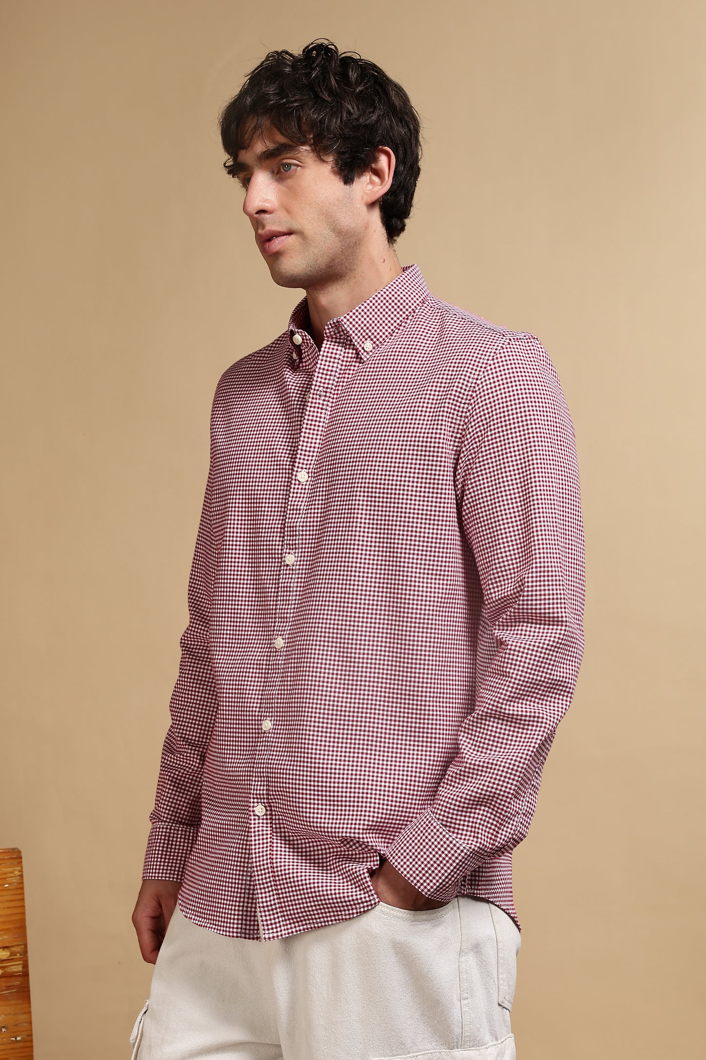 Cotton Oxford Slim Fit Mini Checks Shirt Red