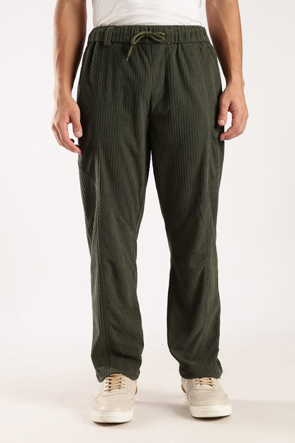 Textured Loose Fit Drawcord Trousers Dk Green
