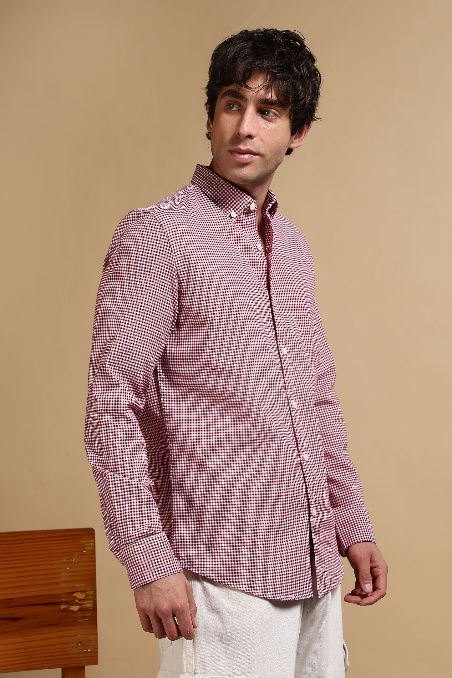 Cotton Oxford Slim Fit Mini Checks Shirt Red
