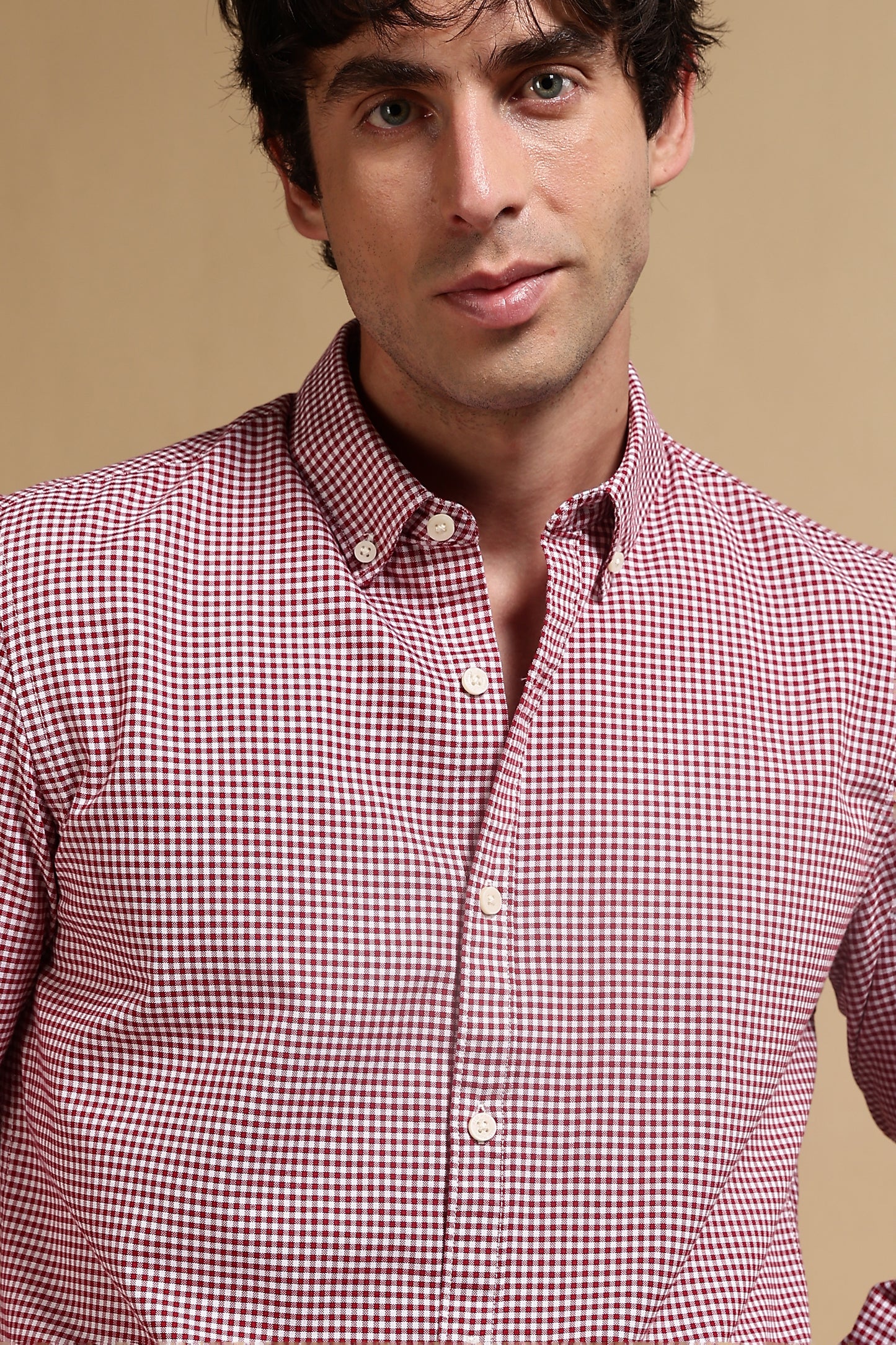 Cotton Oxford Slim Fit Mini Checks Shirt Red