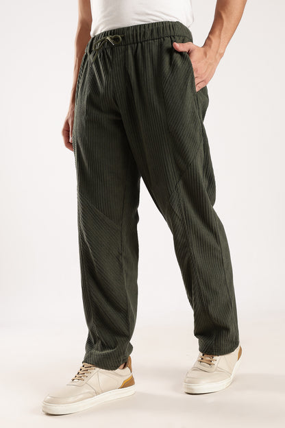 Textured Loose Fit Drawcord Trousers Dk Green
