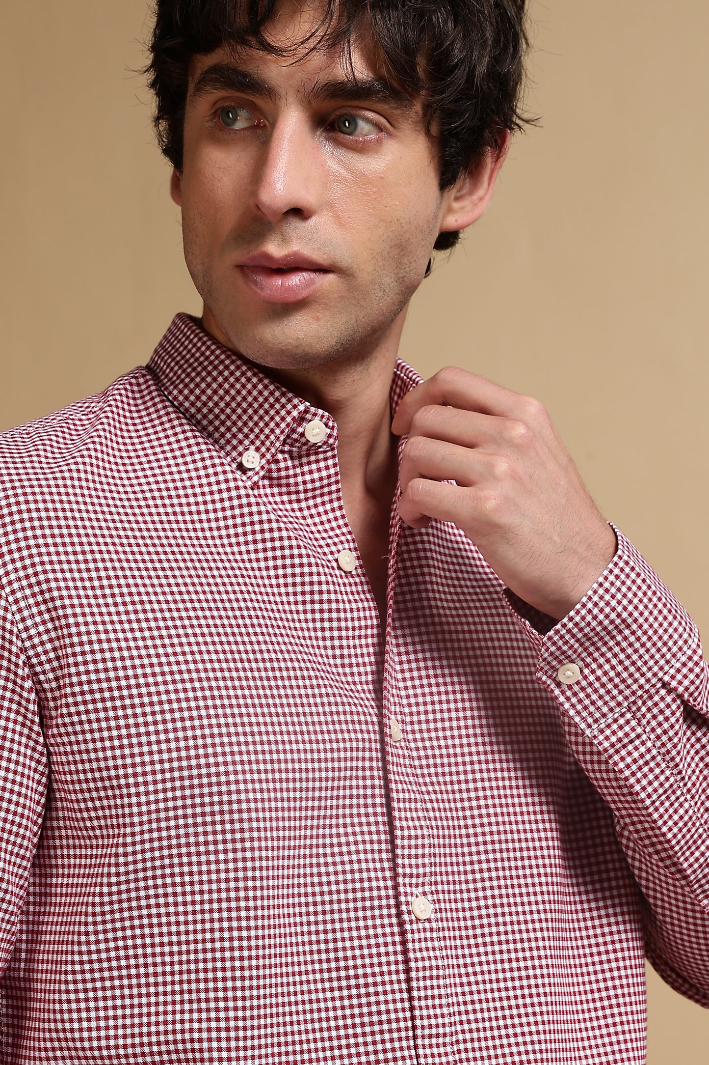 Cotton Oxford Slim Fit Mini Checks Shirt Red
