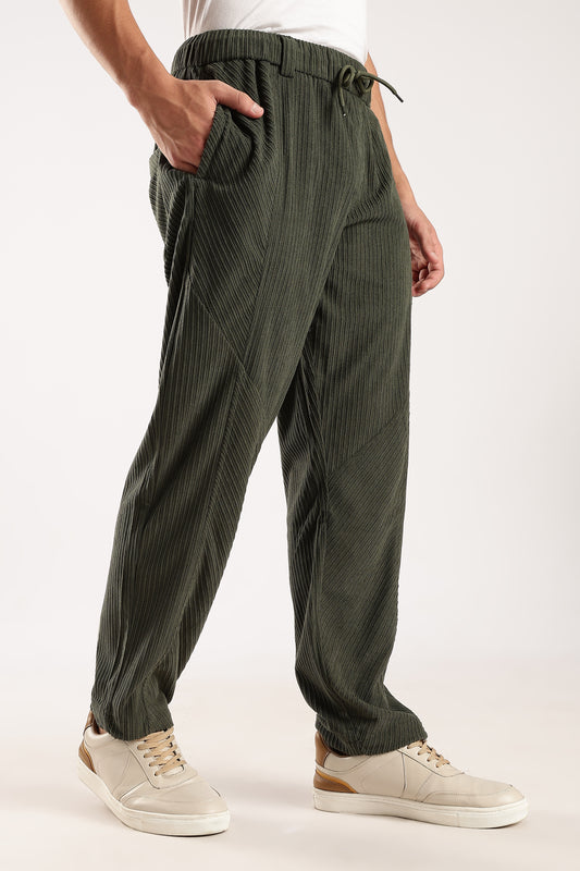 Textured Loose Fit Drawcord Trousers Dk Green