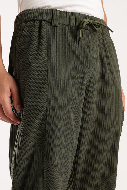 Textured Loose Fit Drawcord Trousers Dk Green