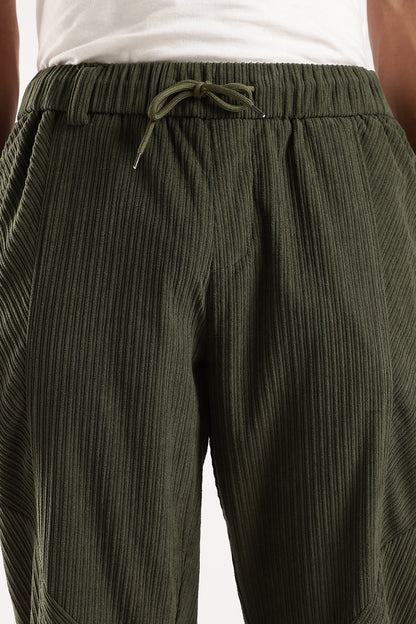 Textured Loose Fit Drawcord Trousers Dk Green