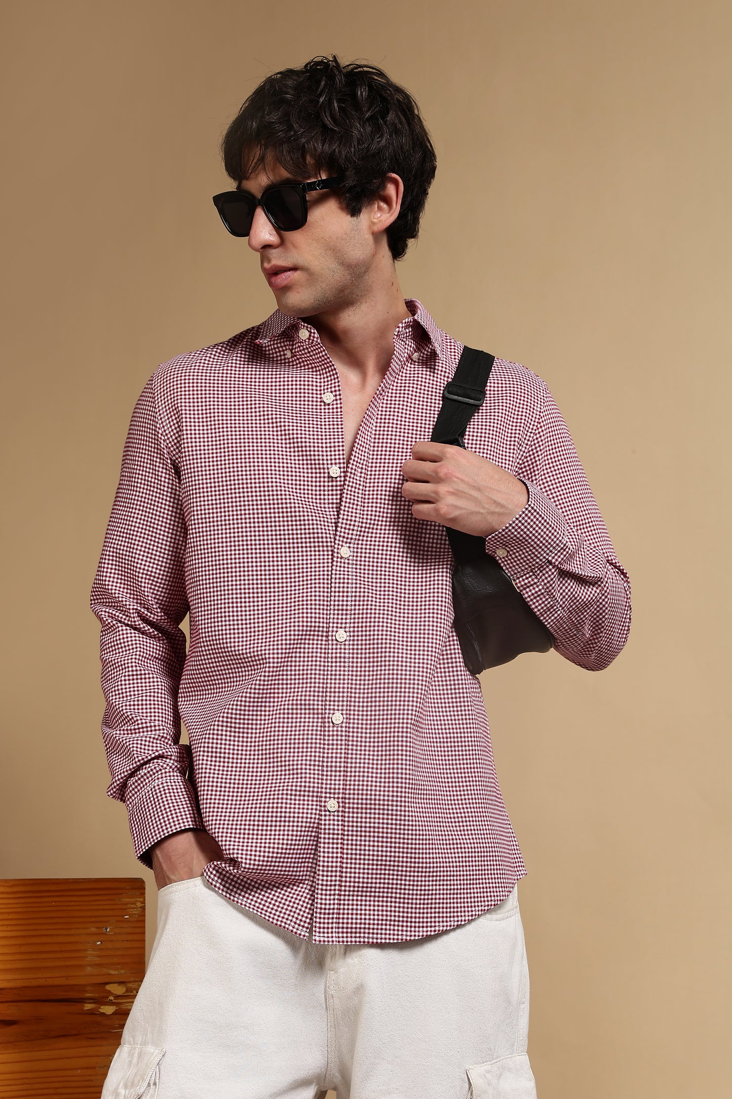 Cotton Oxford Slim Fit Mini Checks Shirt Red