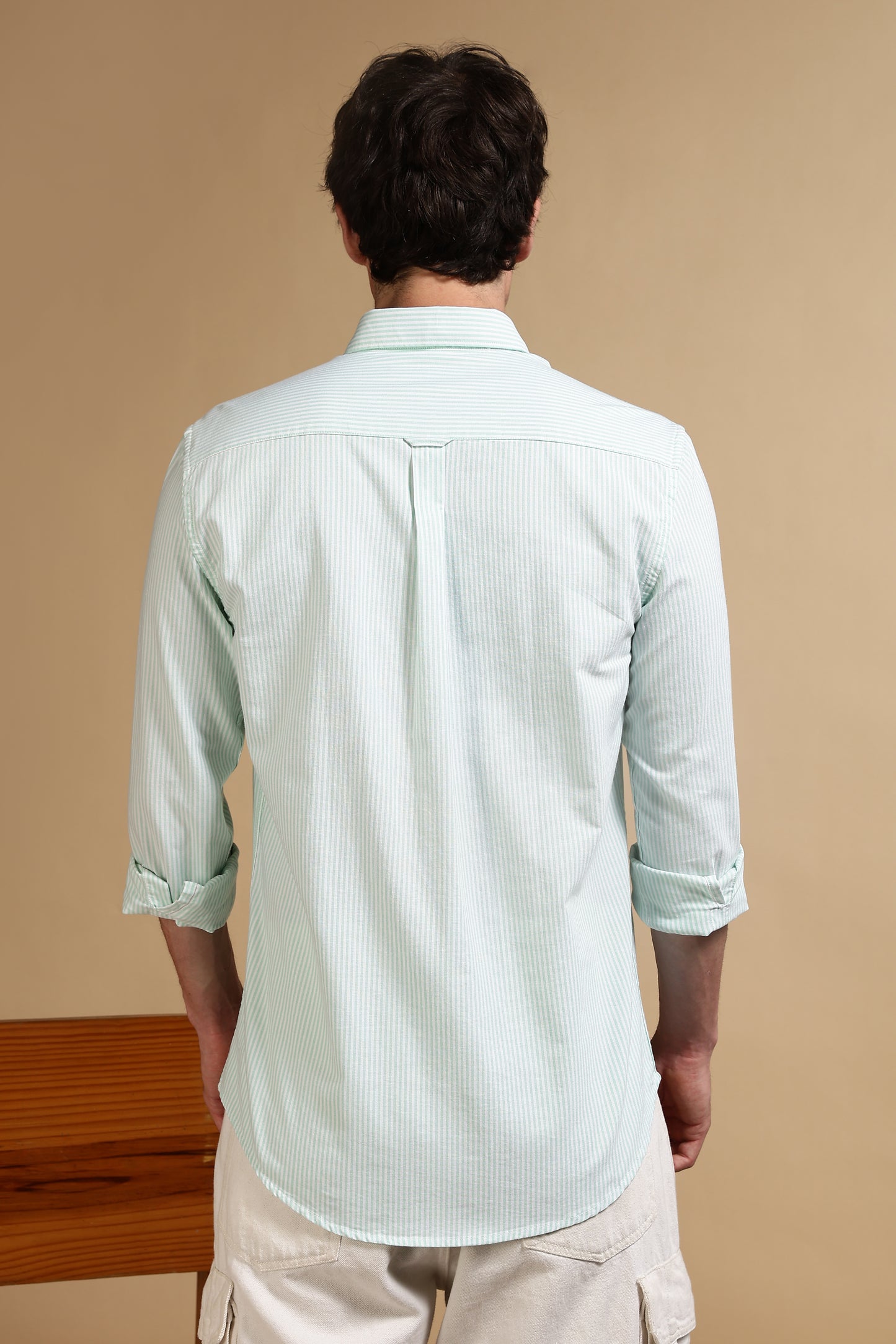 100% Cotton Oxford Slim Fit Striped Shirt Lt Green