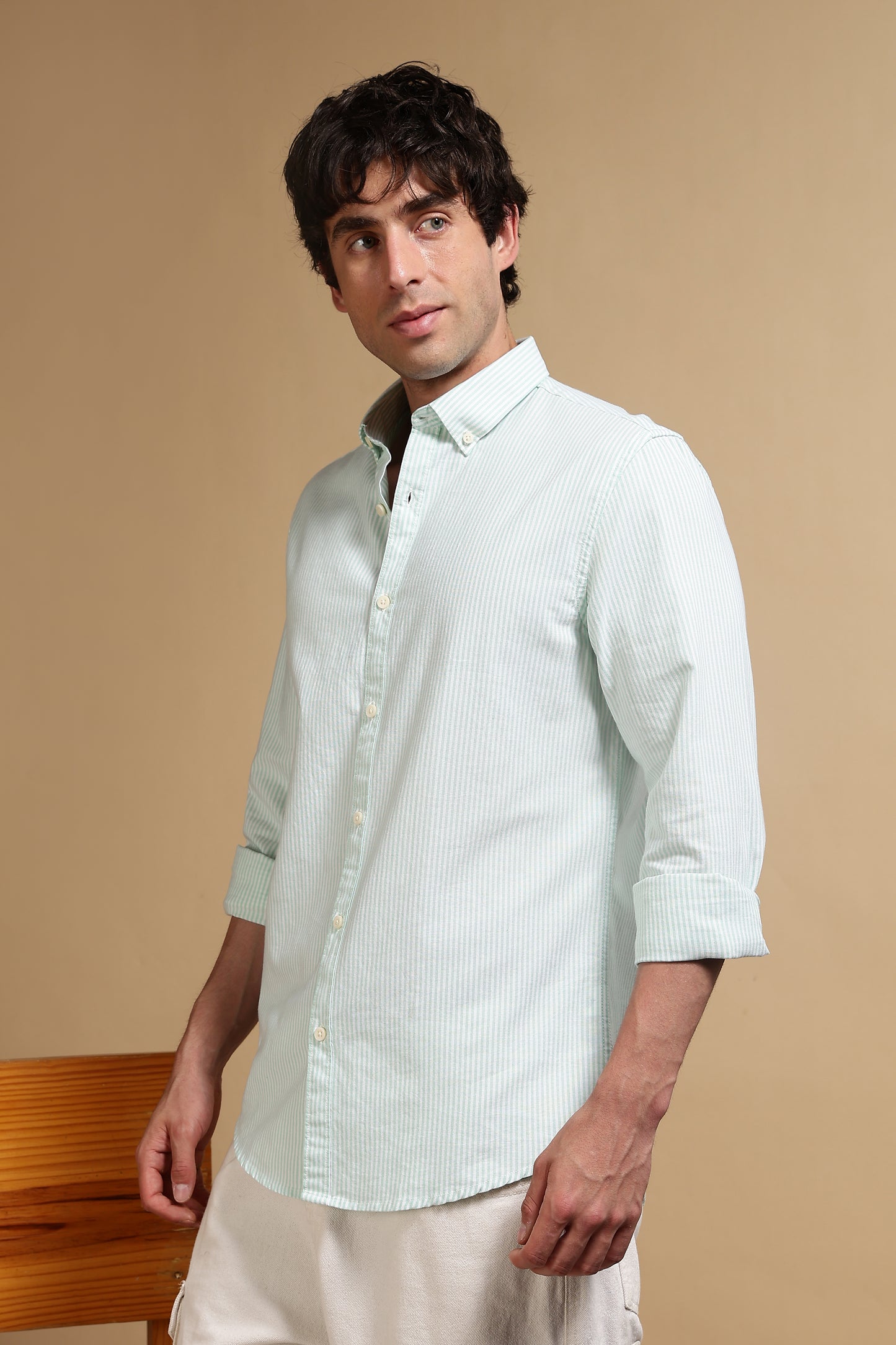100% Cotton Oxford Slim Fit Striped Shirt Lt Green
