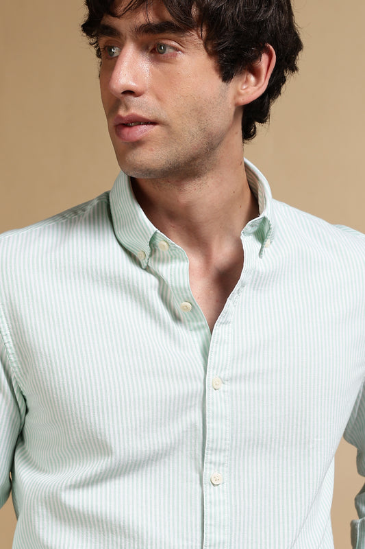 100% Cotton Oxford Slim Fit Striped Shirt Lt Green
