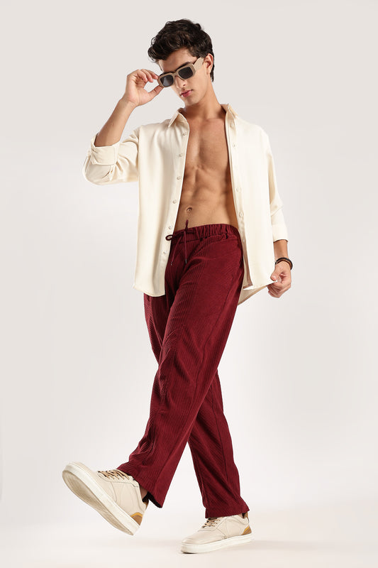 Textured Loose Fit Drawcord Trousers Maroon