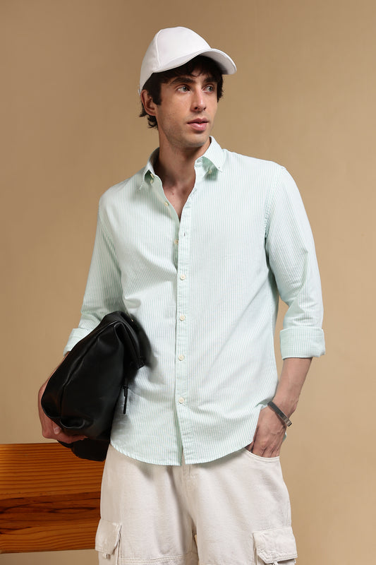 100% Cotton Oxford Slim Fit Striped Shirt Lt Green