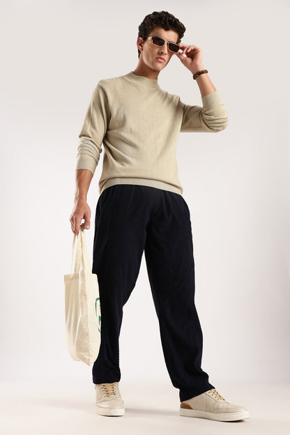 Textured Loose Fit Drawcord Trousers Navy