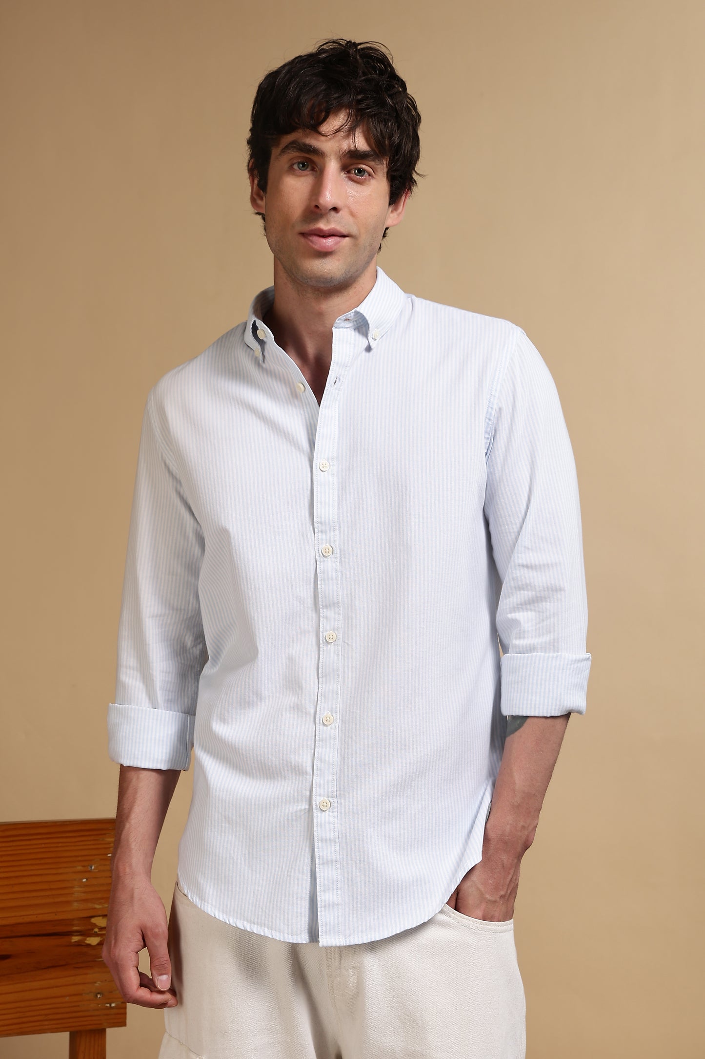 100% Cotton Oxford Slim Fit Striped Shirt Sky Blue