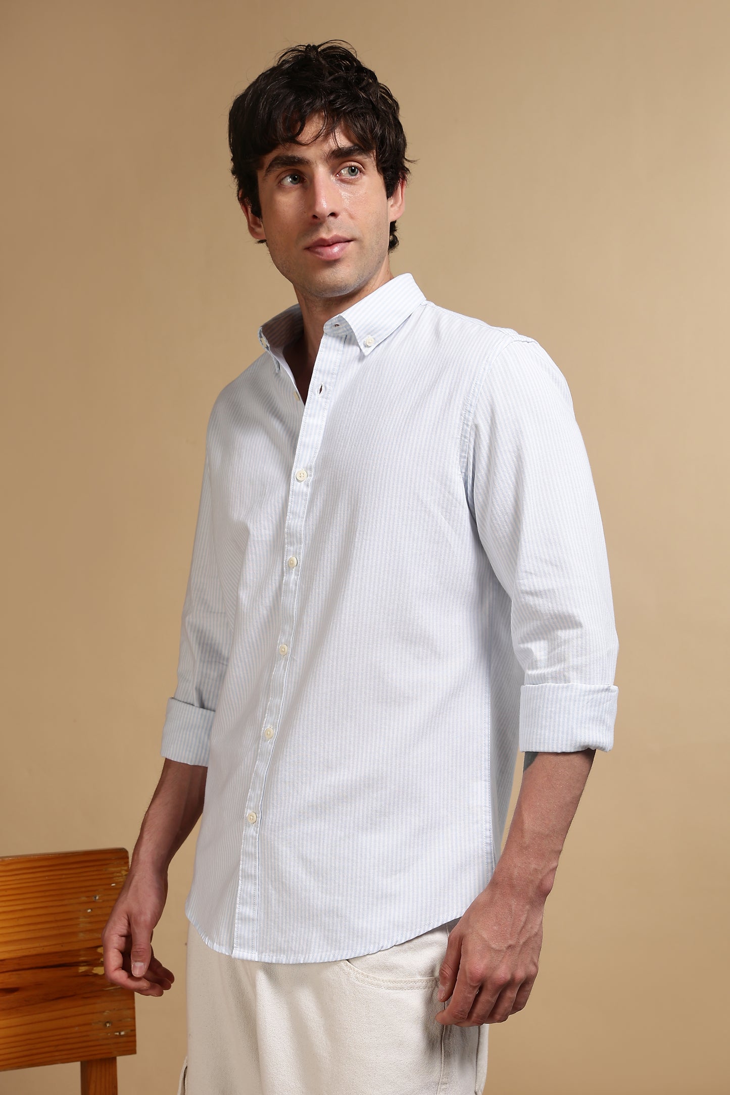 100% Cotton Oxford Slim Fit Striped Shirt Sky Blue
