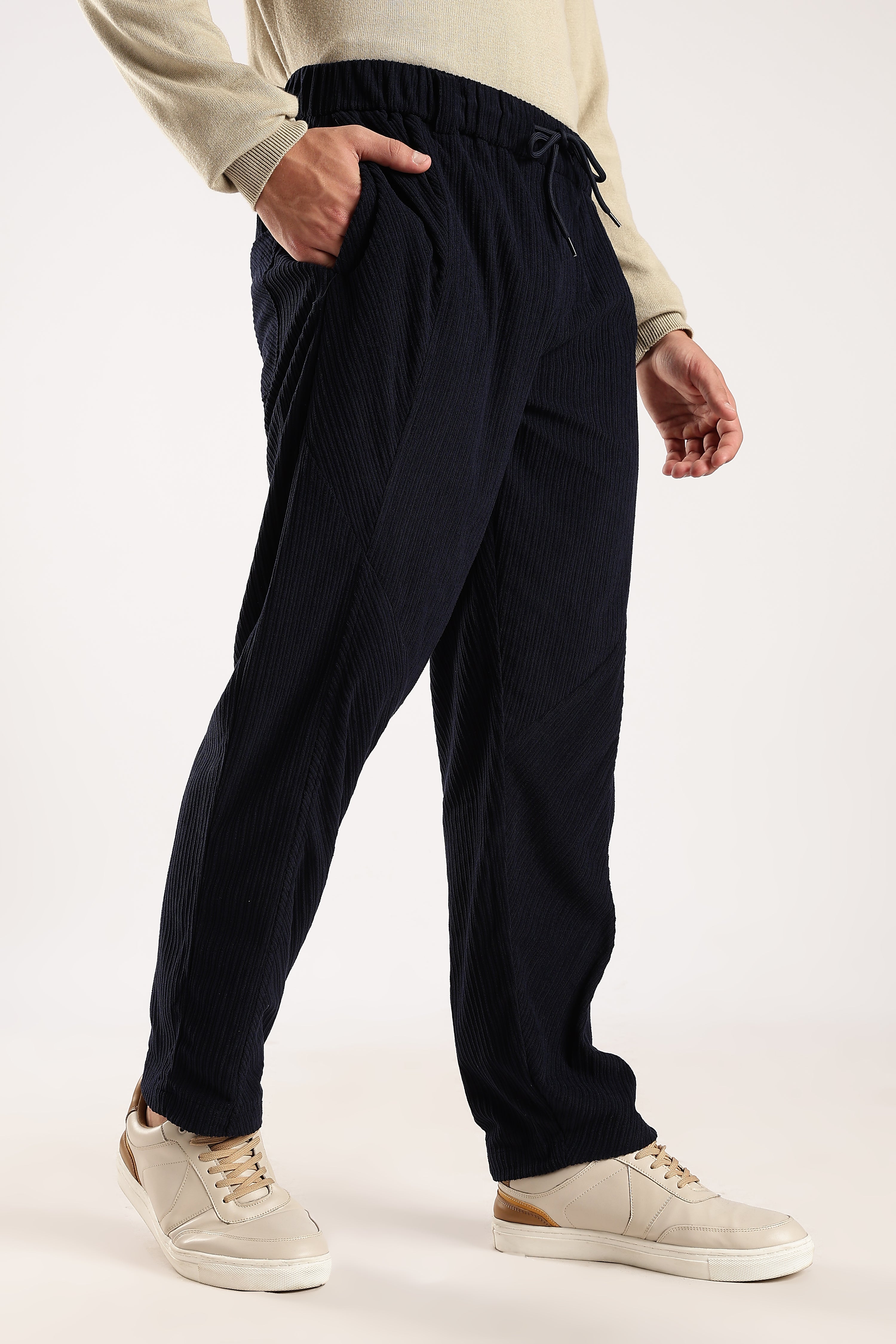 Textured Loose Fit Drawcord Trousers Navy