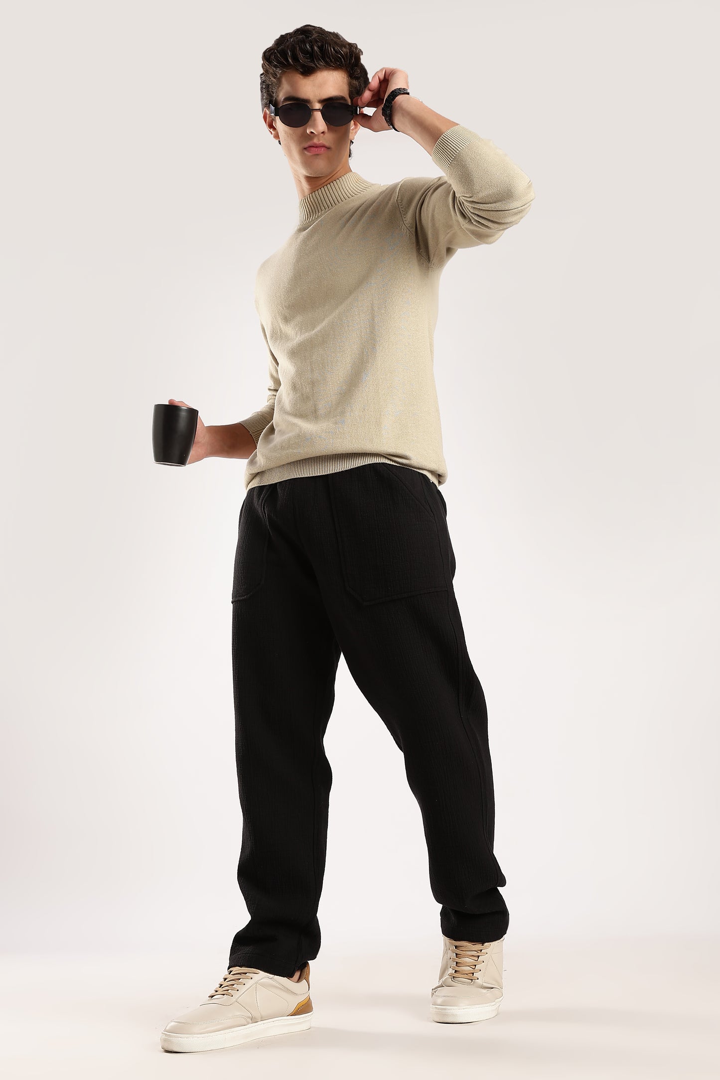 100% Cotton Double Cloth Drawcord Trousers Black