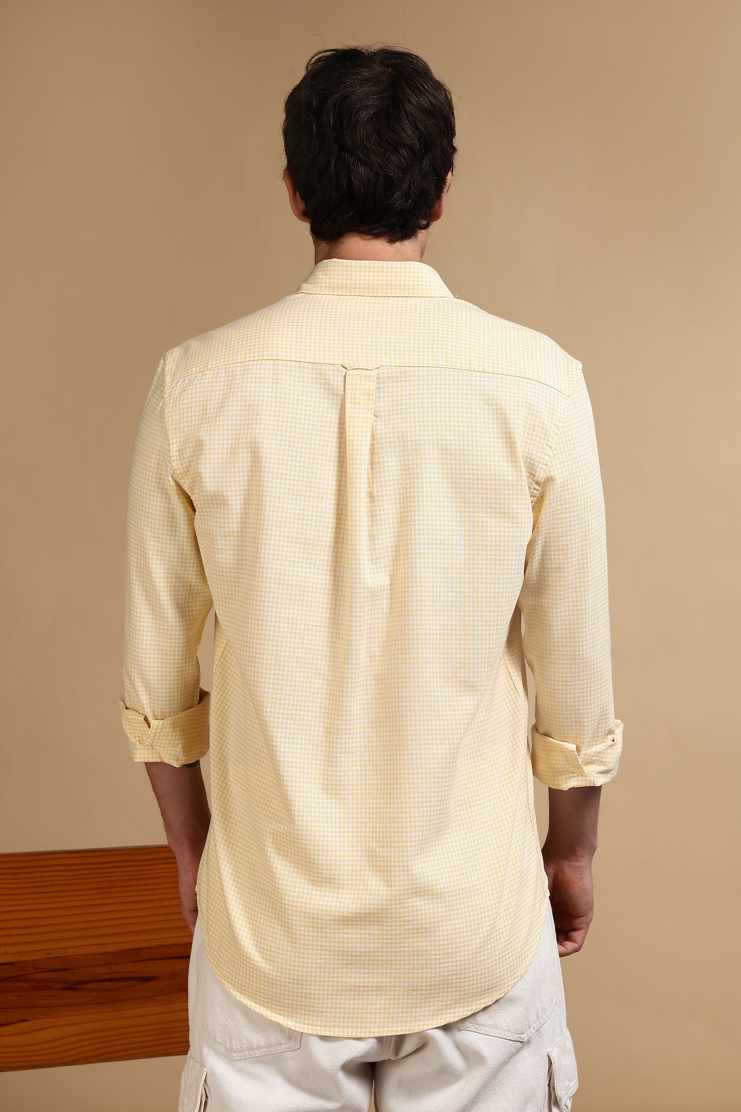 Cotton Oxford Slim Fit Mini Checks Shirt Yellow