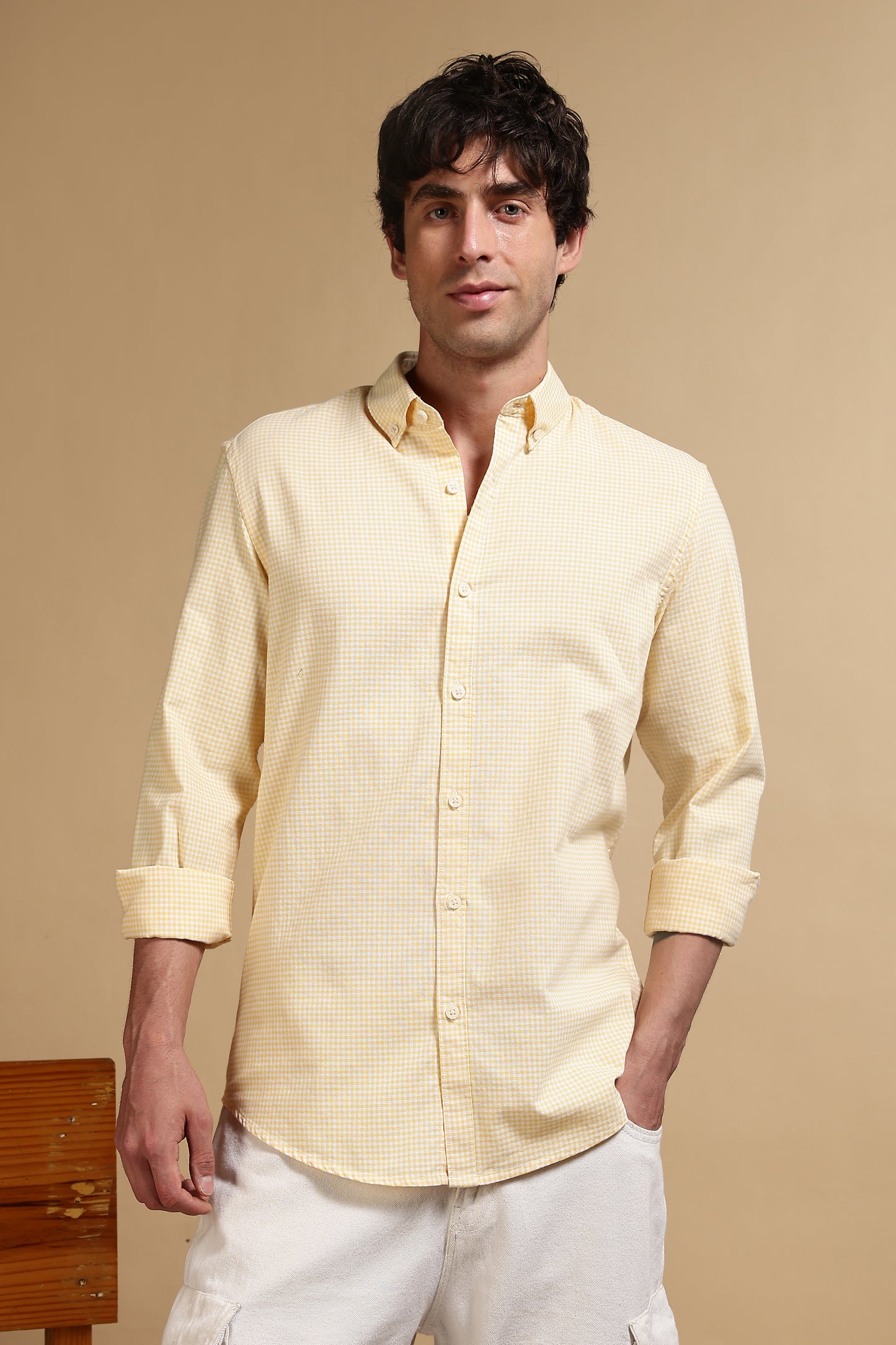 Cotton Oxford Slim Fit Mini Checks Shirt Yellow