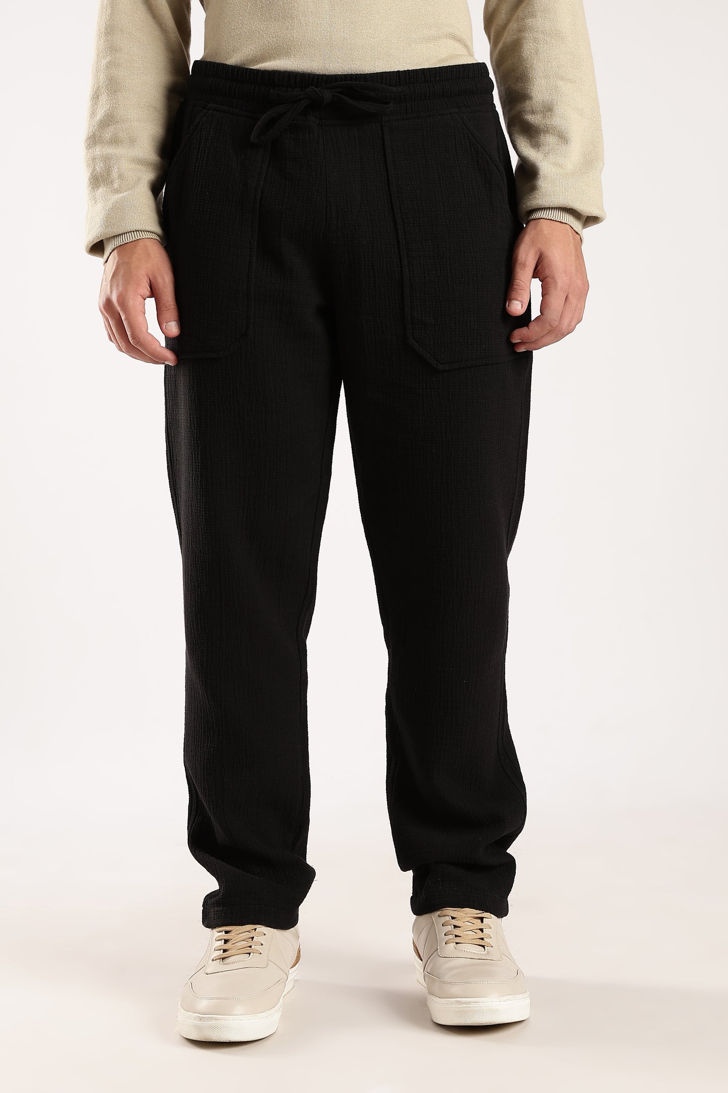 100% Cotton Double Cloth Drawcord Trousers Black