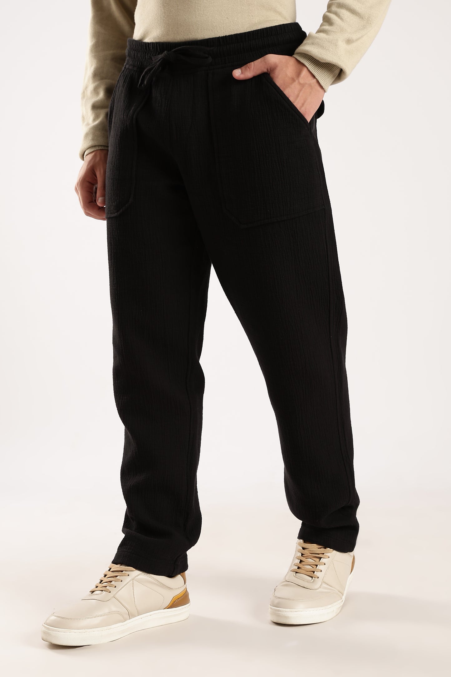 100% Cotton Double Cloth Drawcord Trousers Black