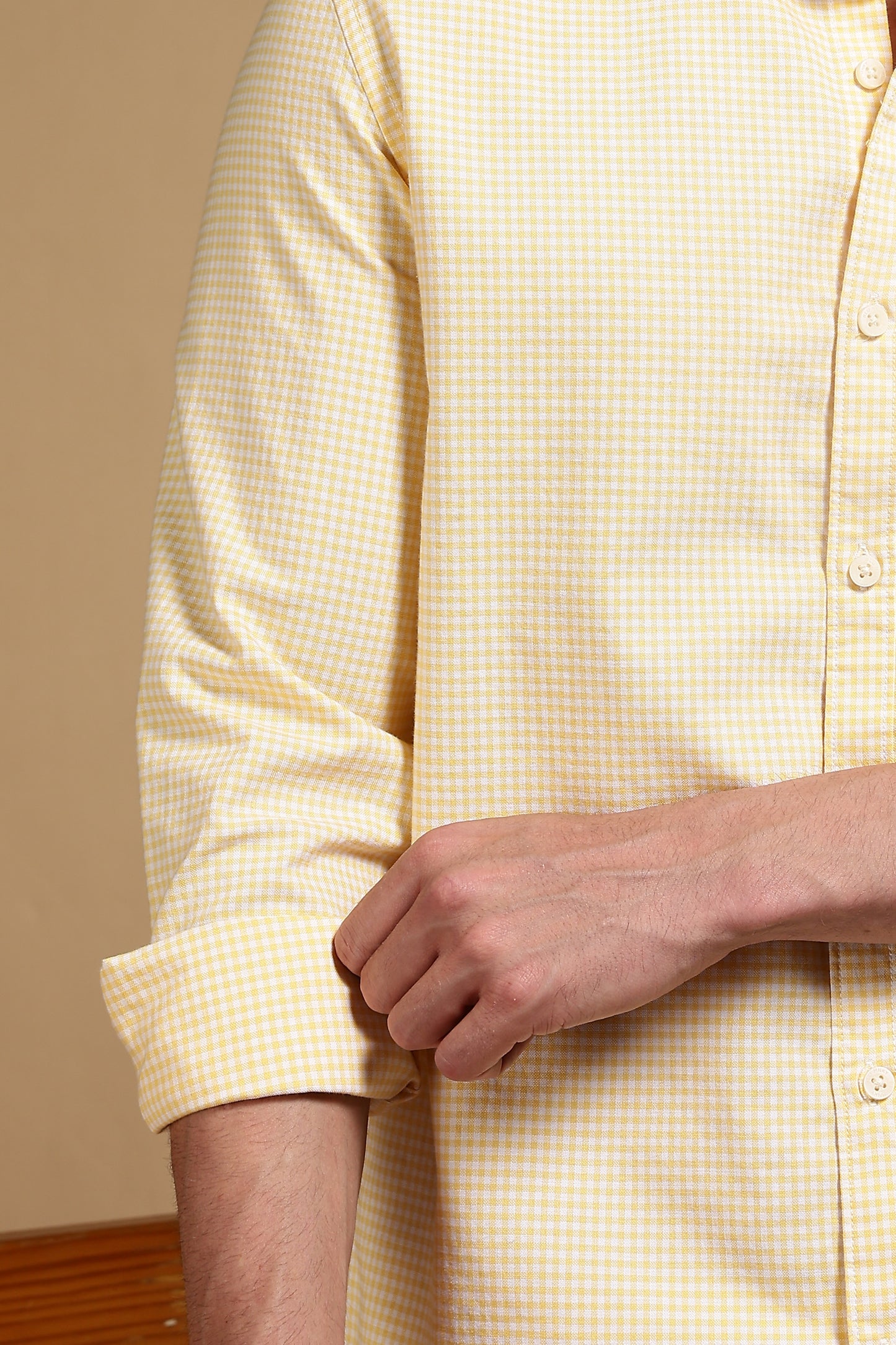 Cotton Oxford Slim Fit Mini Checks Shirt Yellow