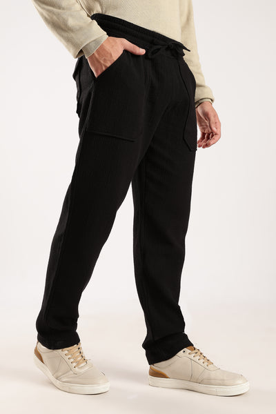 Black Relaxed Cotton Travel Trousers