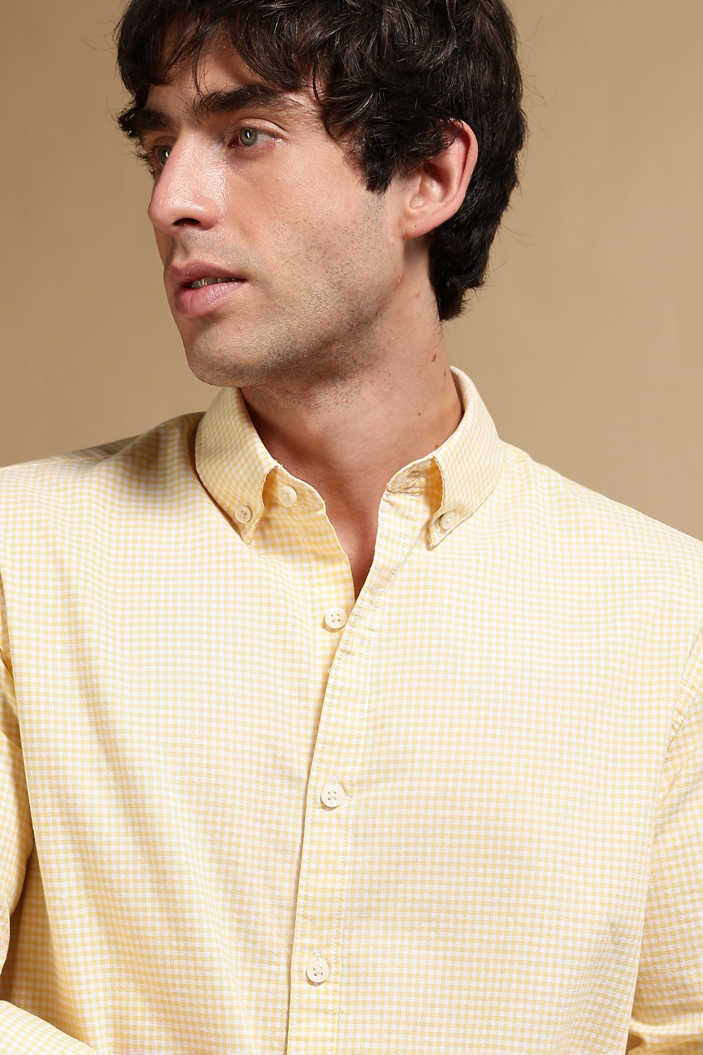 Cotton Oxford Slim Fit Mini Checks Shirt Yellow