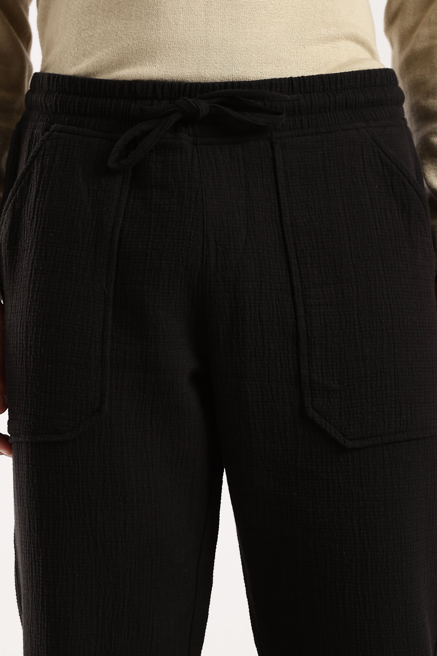 100% Cotton Double Cloth Drawcord Trousers Black