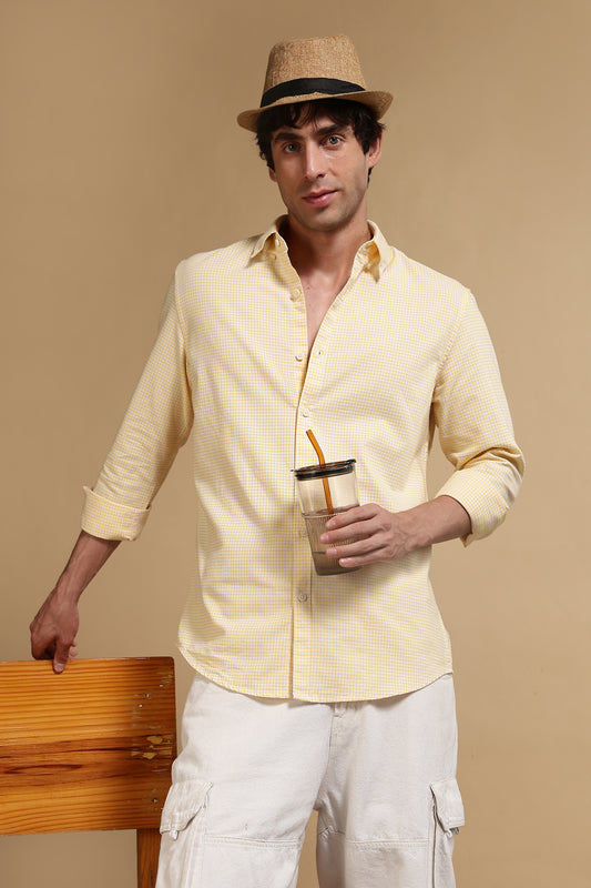 Cotton Oxford Slim Fit Mini Checks Shirt Yellow