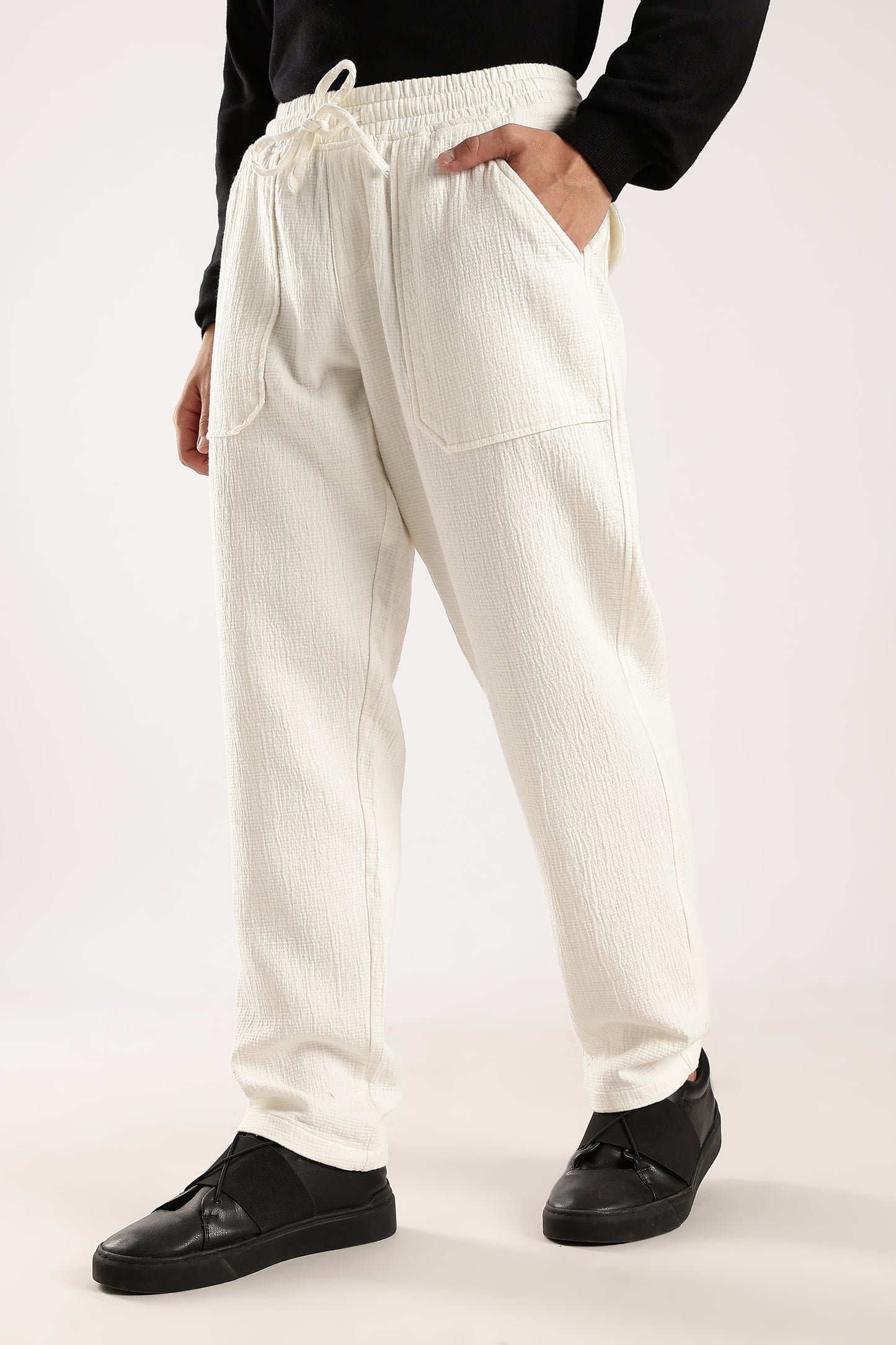 100% Cotton Double Cloth Drawcord Trousers White