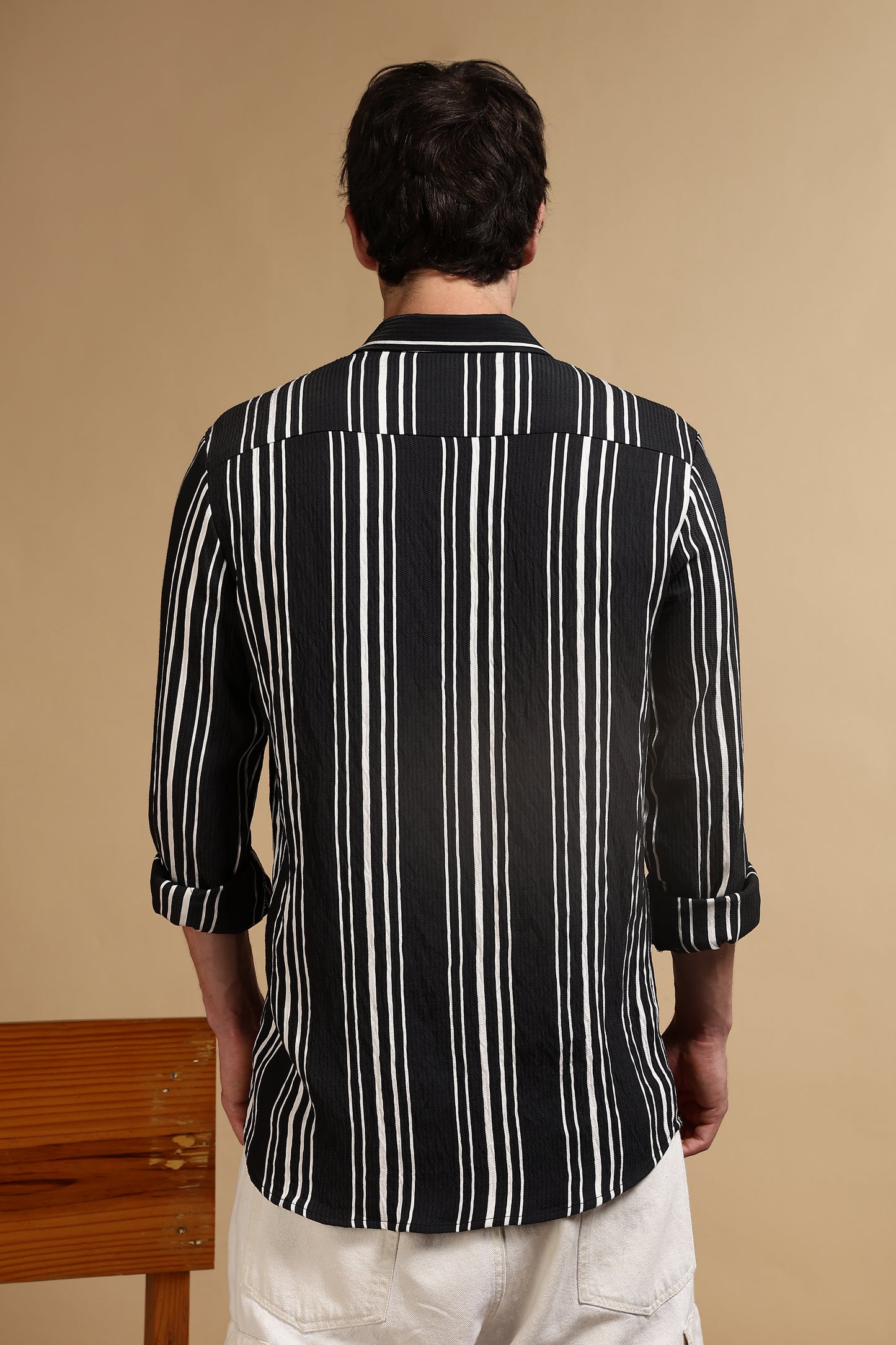 White & Black Slim Fit Striped Shirt Black