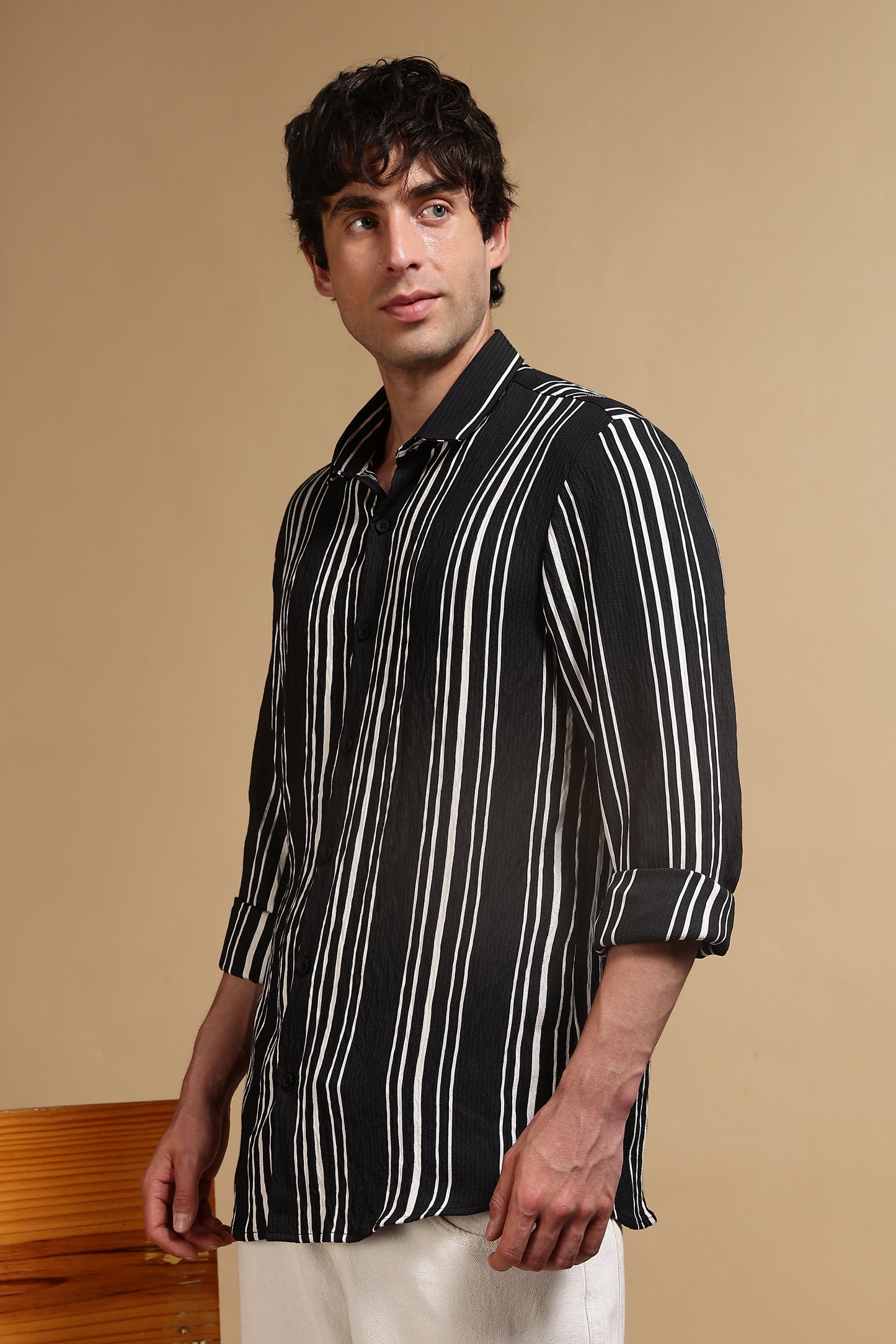 White & Black Slim Fit Striped Shirt Black