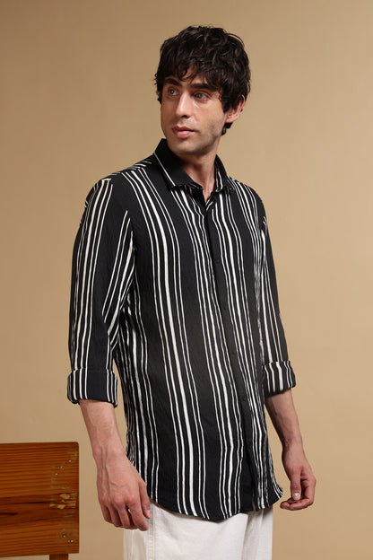 White & Black Slim Fit Striped Shirt