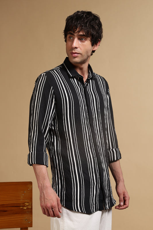 White & Black Slim Fit Striped Shirt Black