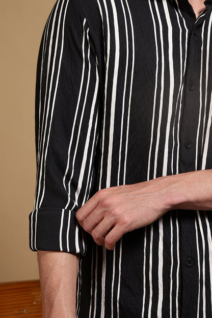 White & Black Slim Fit Striped Shirt