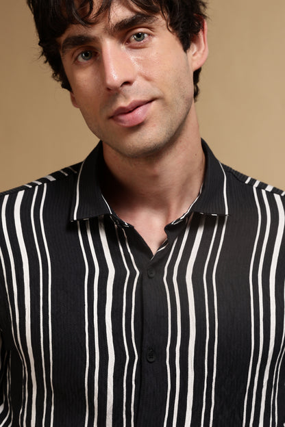 White & Black Slim Fit Striped Shirt