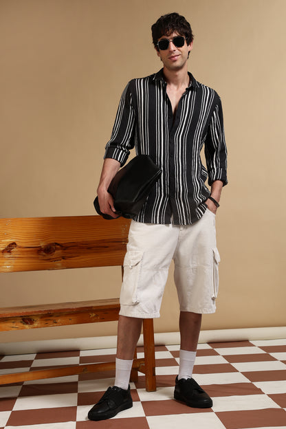 White & Black Slim Fit Striped Shirt