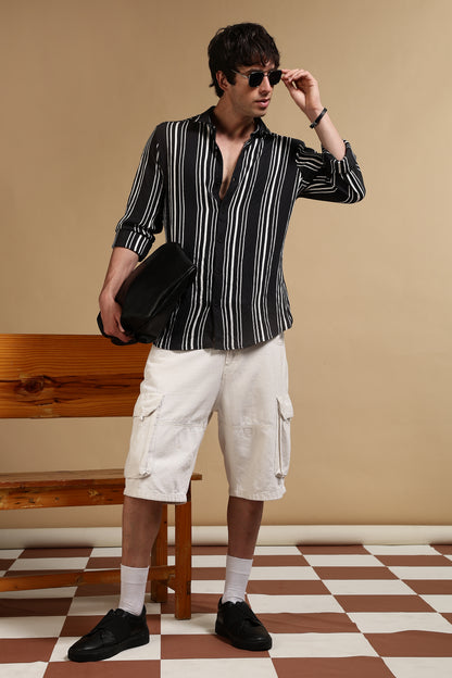 White & Black Slim Fit Striped Shirt