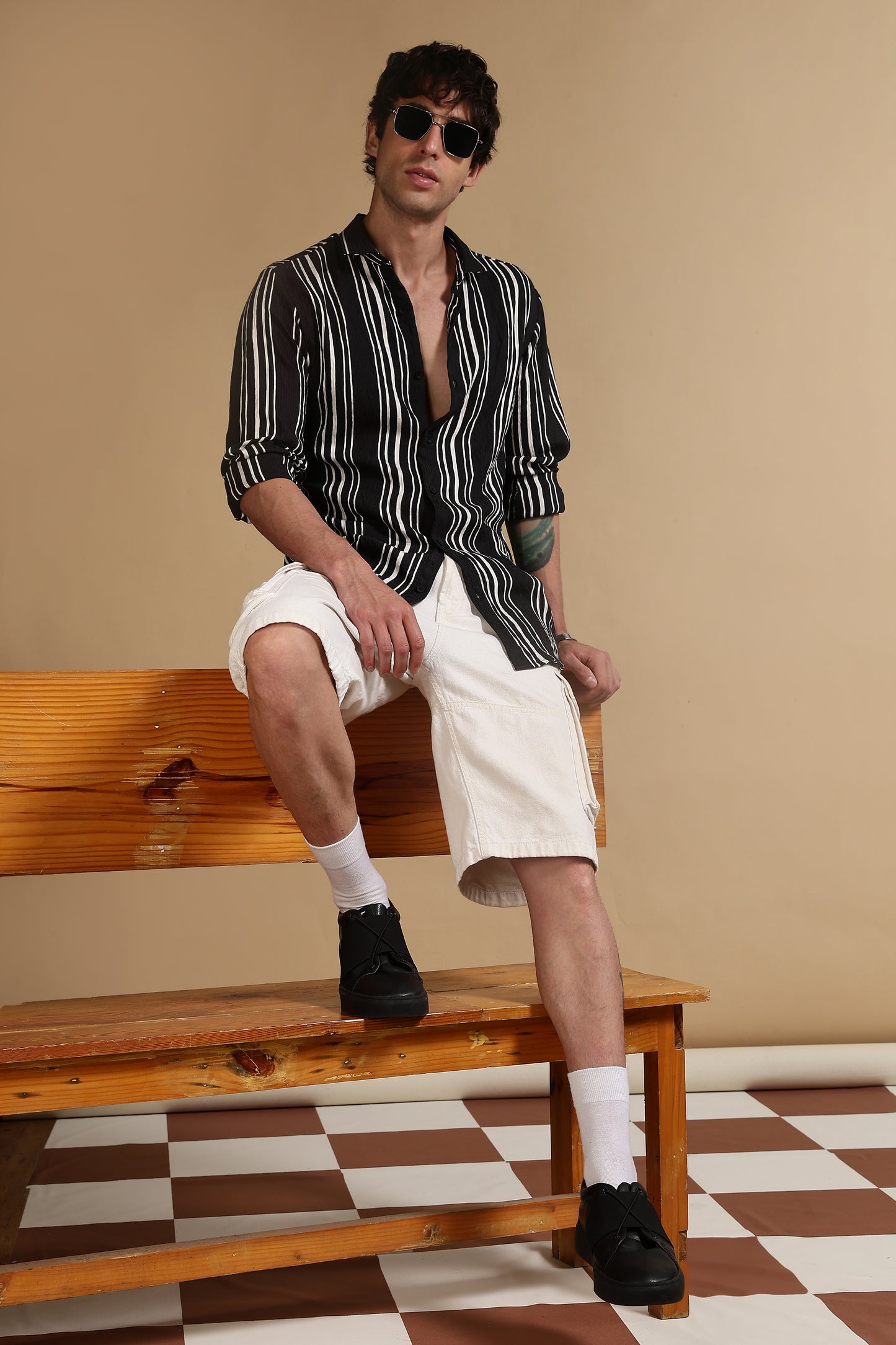 White & Black Slim Fit Striped Shirt Black