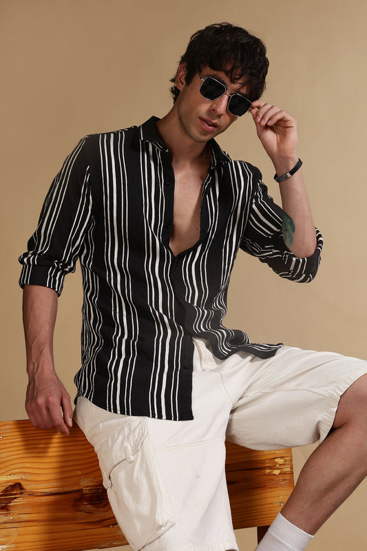 White & Black Slim Fit Striped Shirt Black
