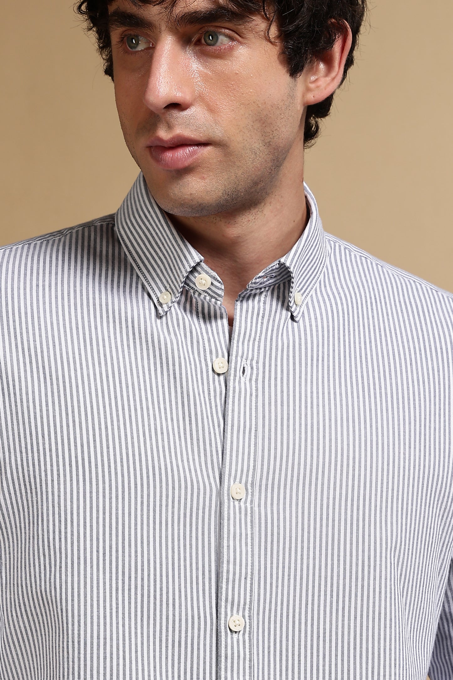 100% Cotton Oxford Slim Fit Striped Shirt Navy