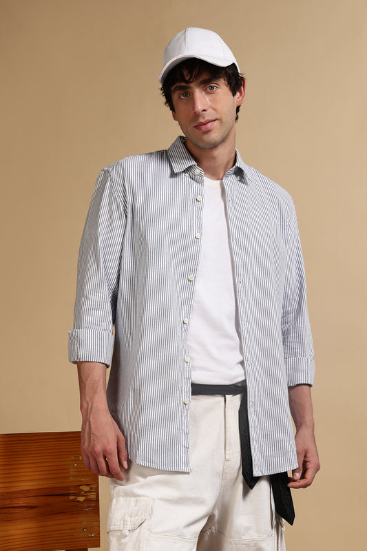 100% Cotton Oxford Slim Fit Striped Shirt Navy