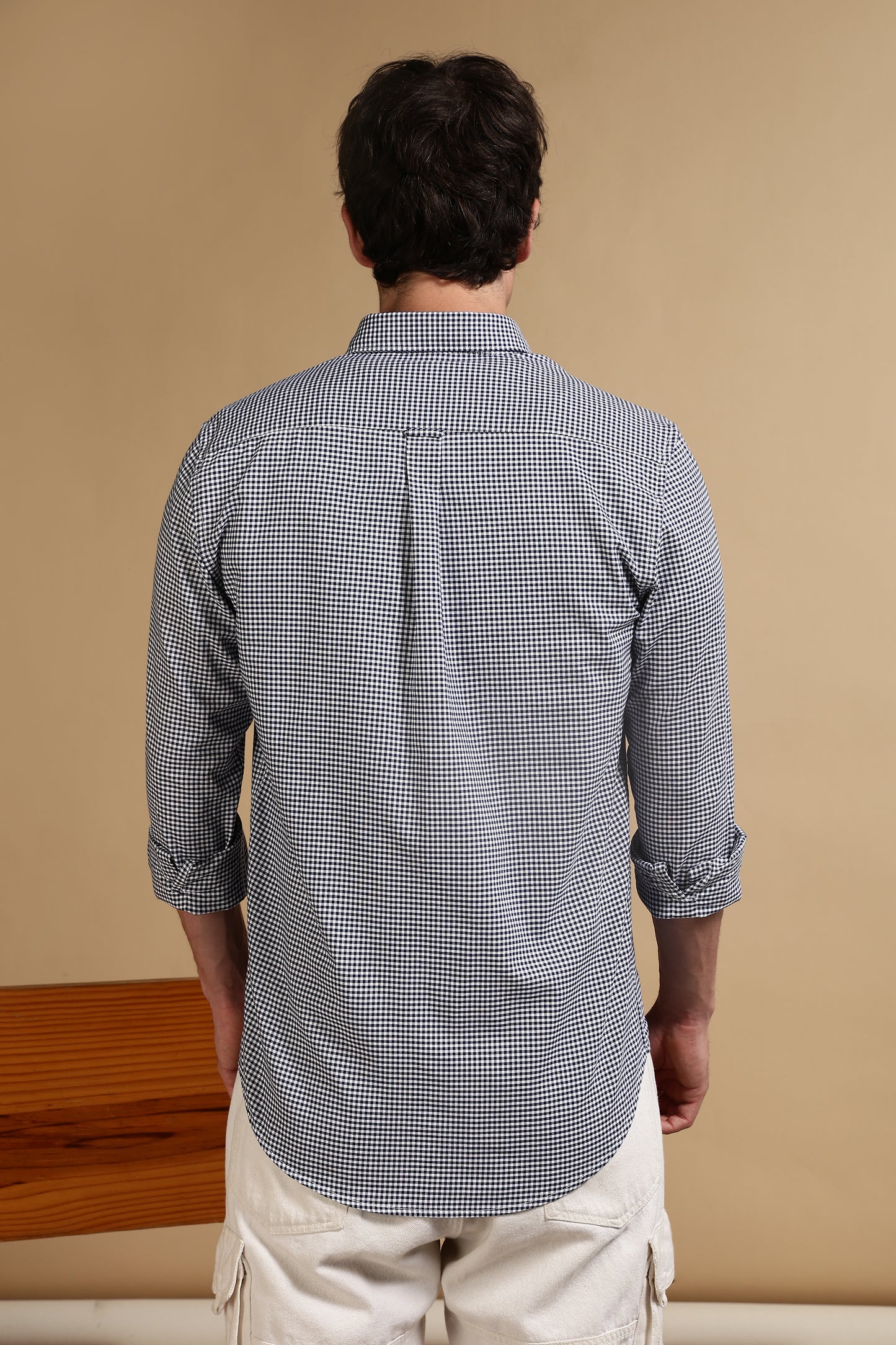 Cotton Oxford Slim Fit Mini Checks Shirt Dk Blue