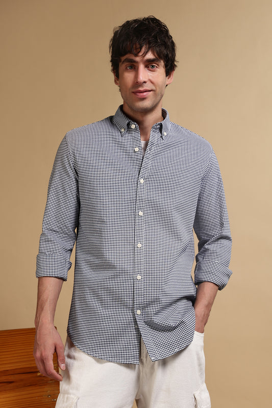 Slim Fit Mini Checks Shirt Dk Blue