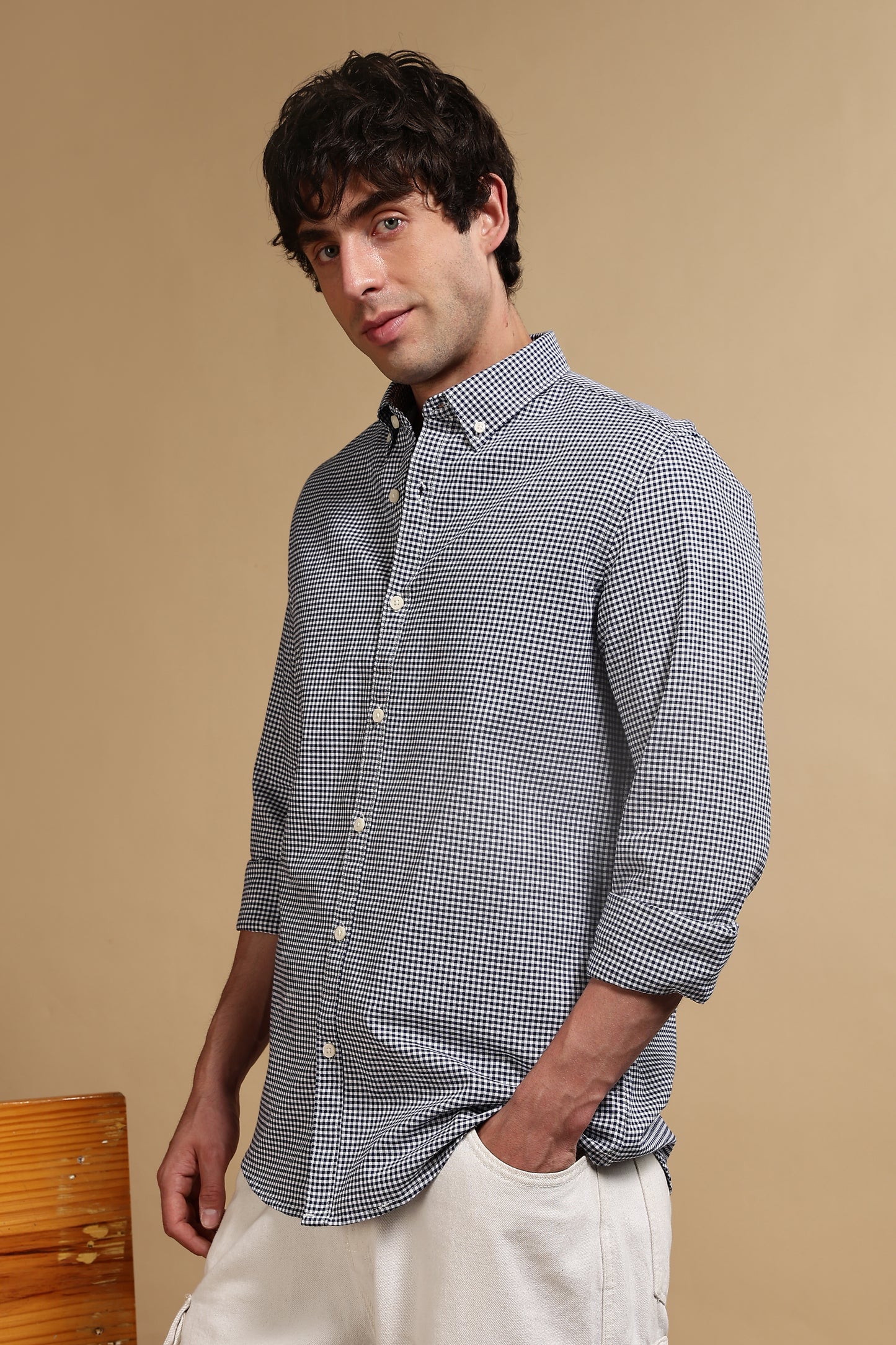 Cotton Oxford Slim Fit Mini Checks Shirt Dk Blue