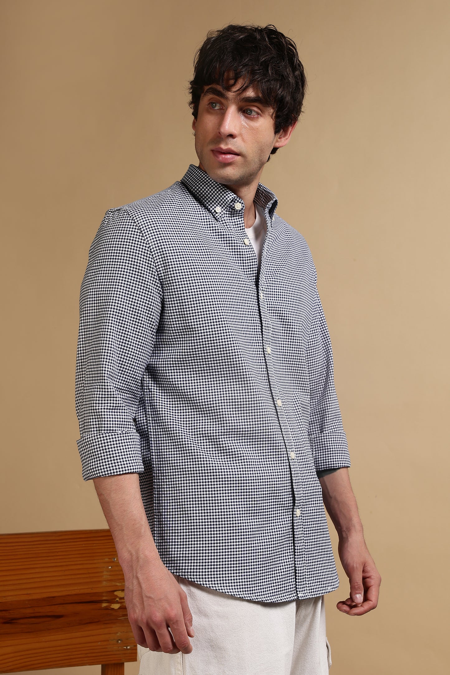 Cotton Oxford Slim Fit Mini Checks Shirt Dk Blue